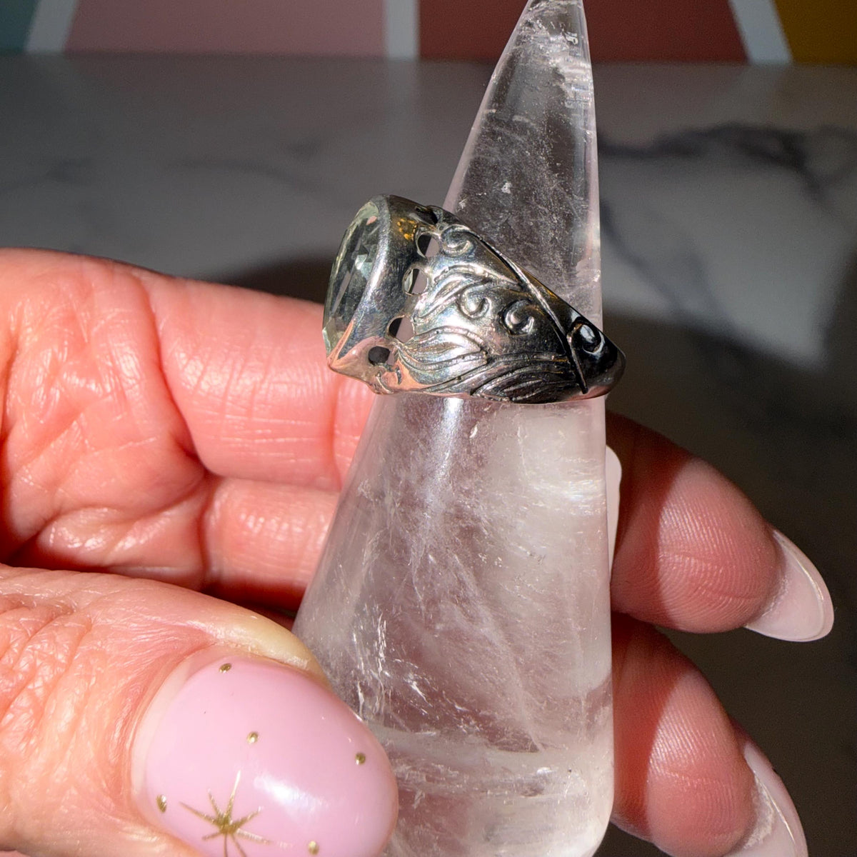 Prasiolite Teardrop Ring 925 Sterling Silver, Size 6, Green Amethyst Ring, Floral Cigar Band, Statement Gemstone Jewelry, Boho Ring