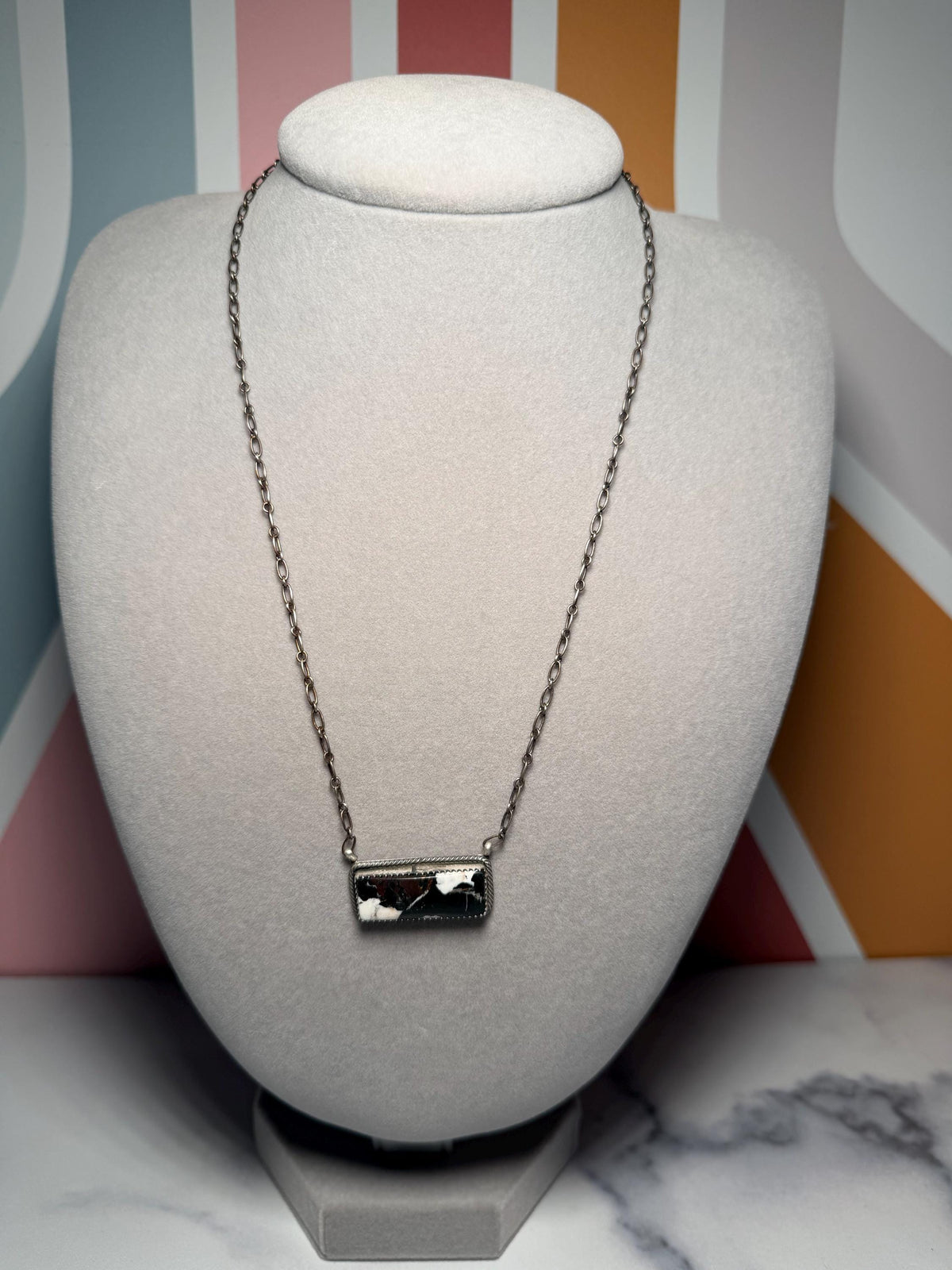 White Buffalo Bar Necklace, 19 Inch Sterling Silver, Native Stamped Statement Jewelry