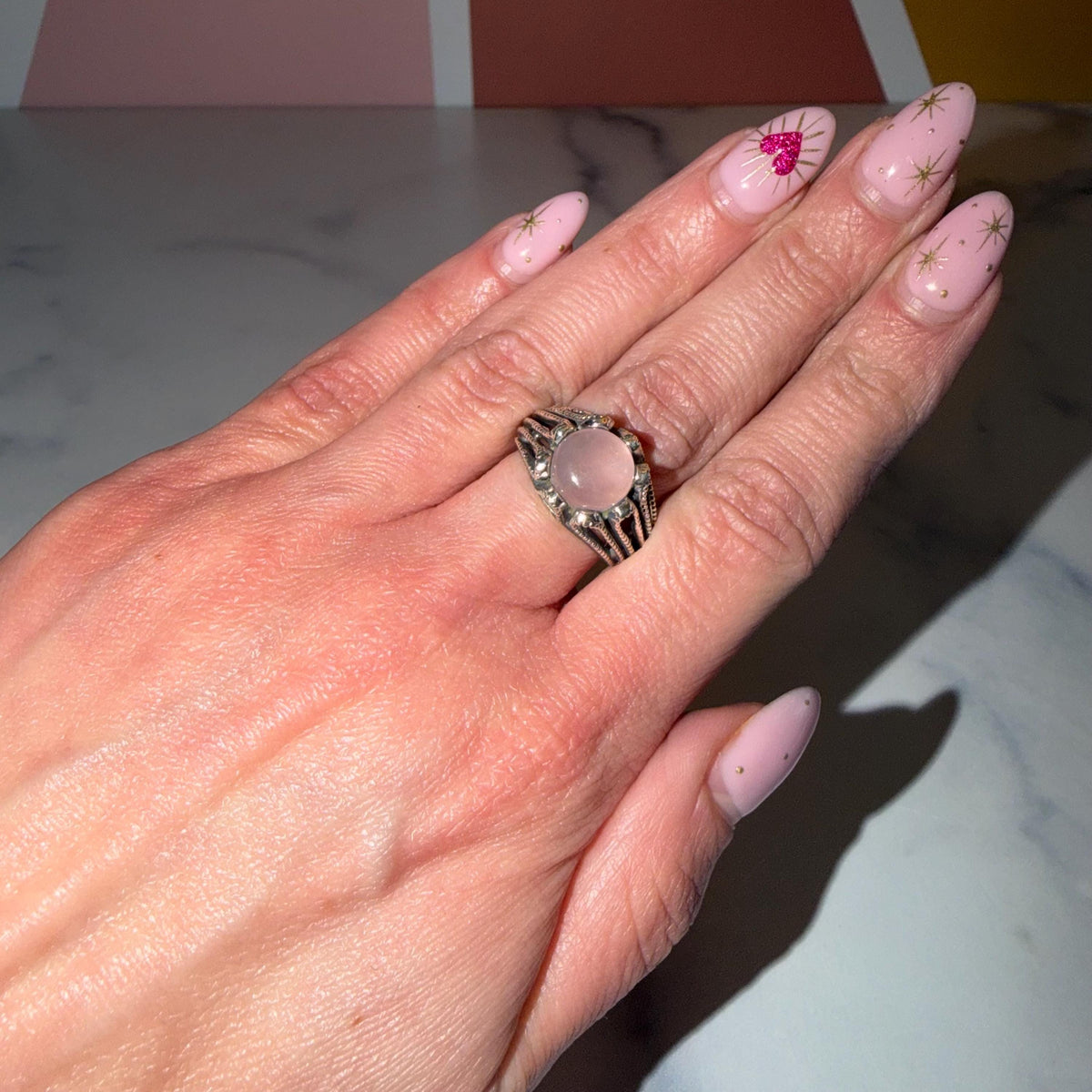 Rose Quartz Round Ring, 925 Sterling Silver, Love Crystal, Heart Chakra, Size 7