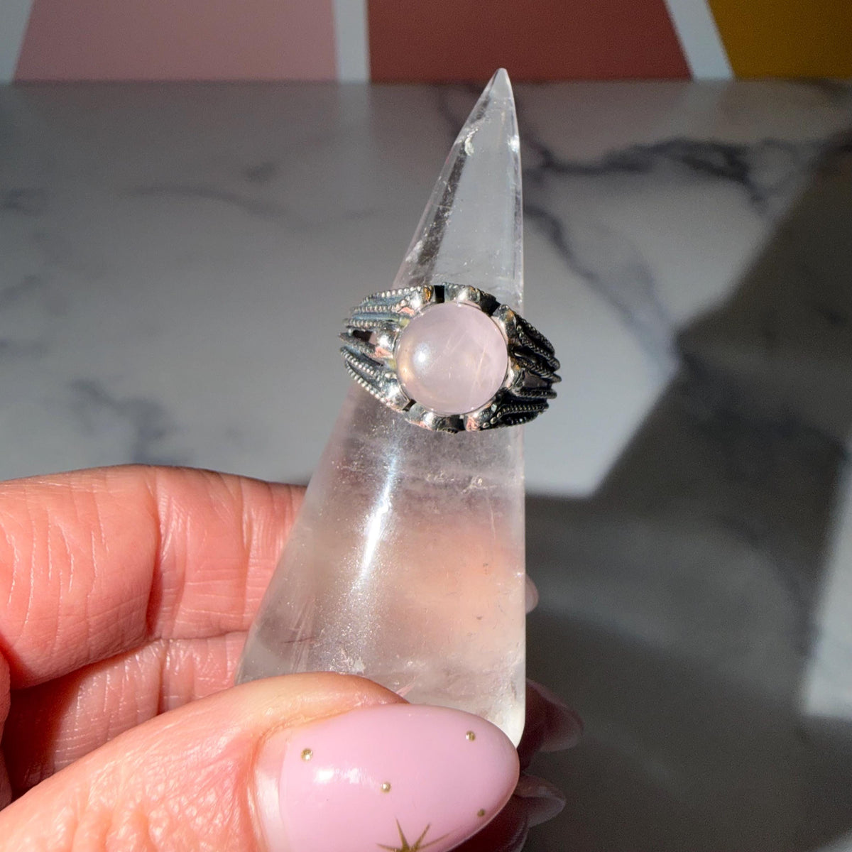 Rose Quartz Round Ring, 925 Sterling Silver, Love Crystal, Heart Chakra, Size 7