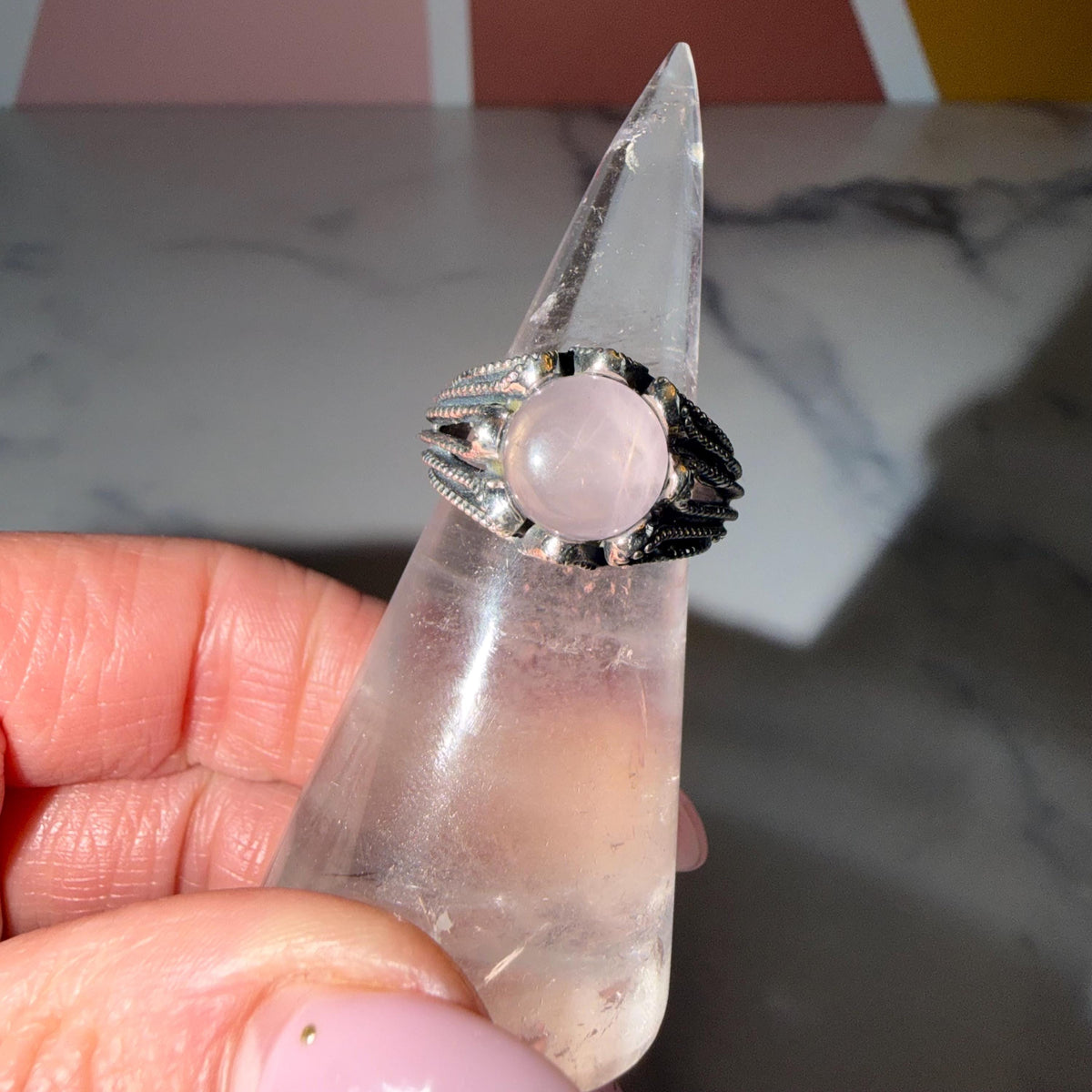 Rose Quartz Round Ring, 925 Sterling Silver, Love Crystal, Heart Chakra, Size 7