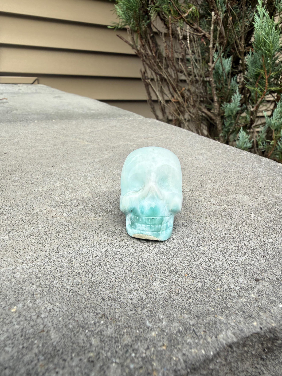 May include: A small, light blue skull figurine with a carved design. The skull is made of a translucent material, with a hint of green and blue hues. The figurine is resting on a gray surface.