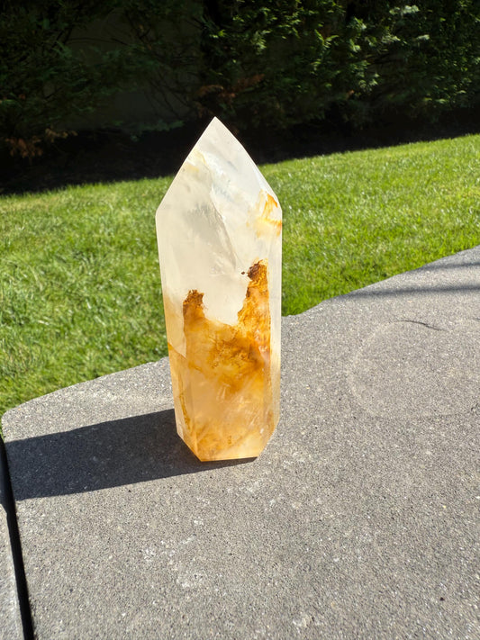 May include: A clear quartz crystal point with golden-brown inclusions. The crystal is faceted and stands upright on a gray surface, with a green lawn and trees in the background. The crystal is approximately 6 inches tall.