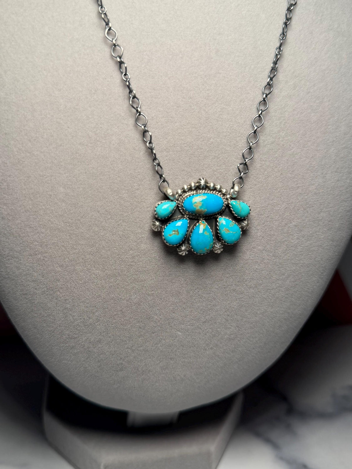 Jeff Largo Kingman Turquoise Half Cluster Necklace, Sterling Silver Southwest Statement (18 Inch Chain)