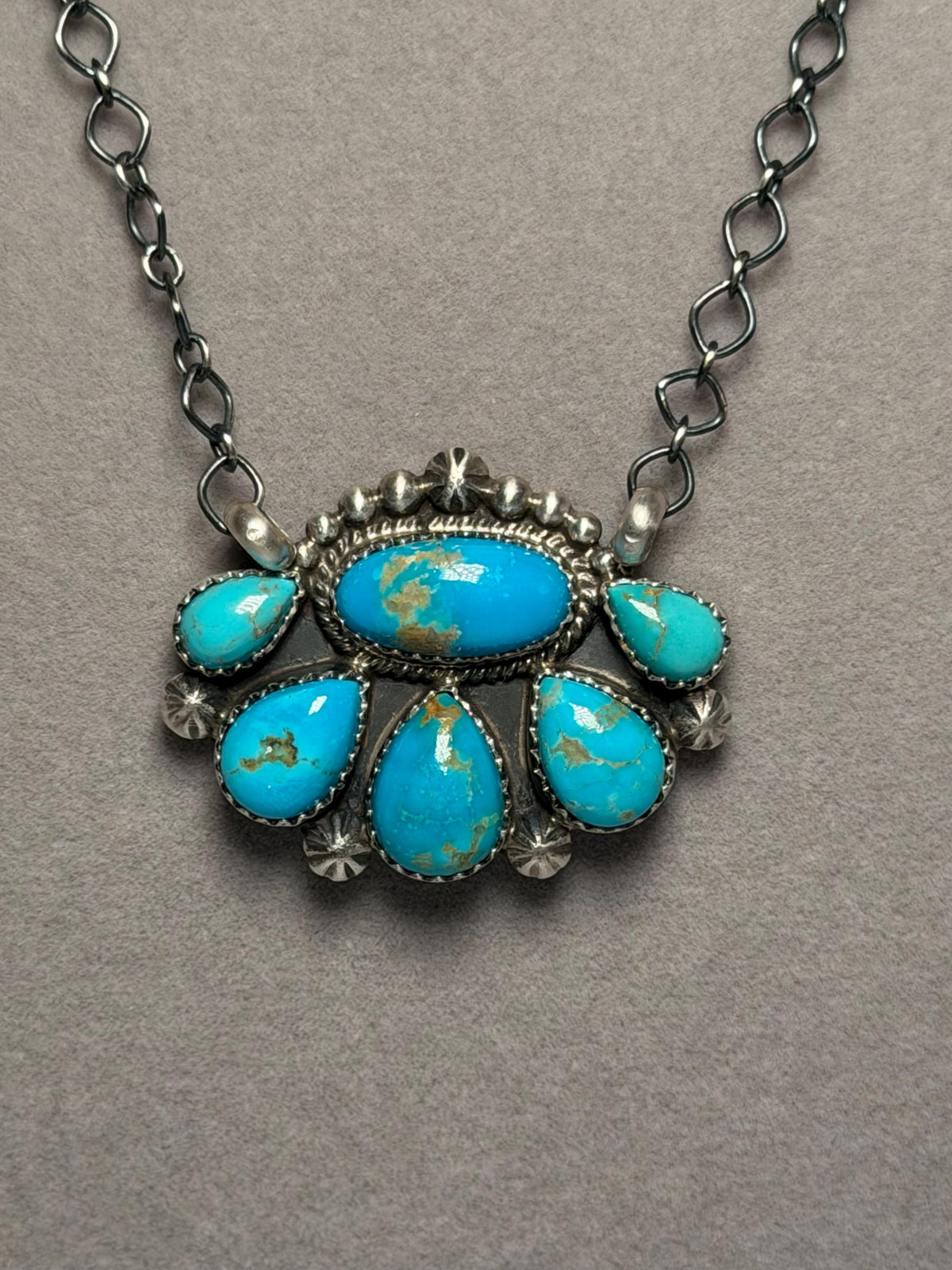 Jeff Largo Kingman Turquoise Half Cluster Necklace, Sterling Silver Southwest Statement (18 Inch Chain)