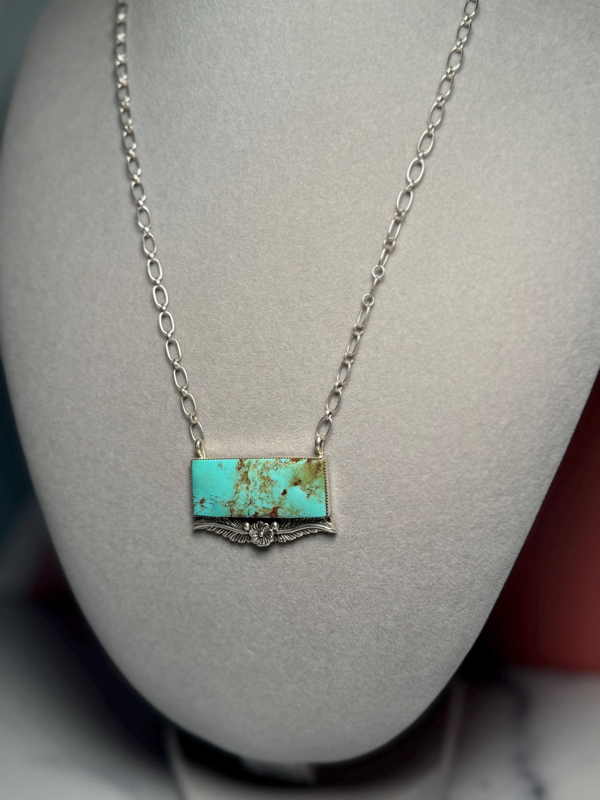 Sterling Silver Turquoise Floral Bar Necklace, Native Made Stamped Southwest Bear, 18.5 Inch