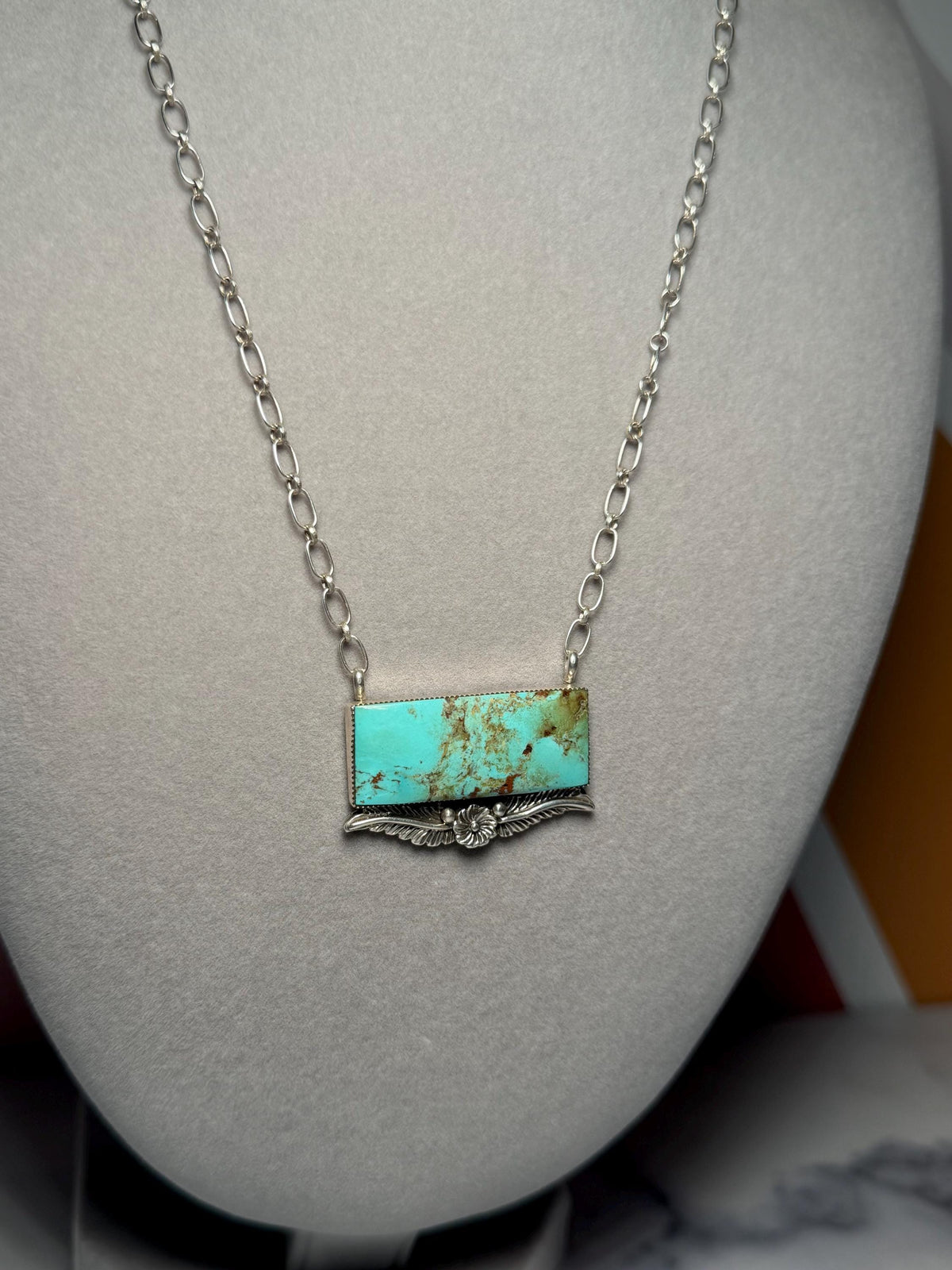 Sterling Silver Turquoise Floral Bar Necklace, Native Made Stamped Southwest Bear, 18.5 Inch