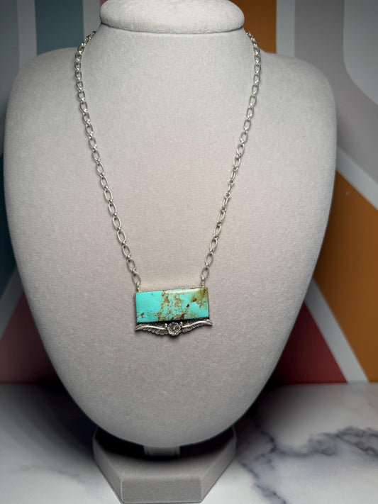 Sterling Silver Turquoise Floral Bar Necklace, Native Made Stamped Southwest Bear, 18.5 Inch