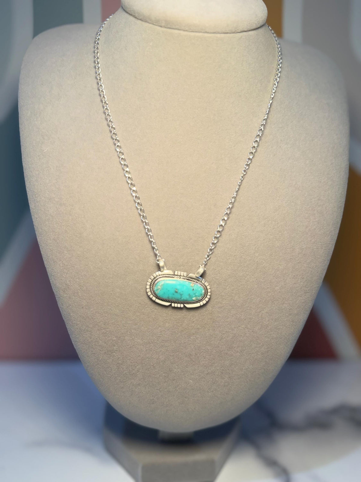 Sterling Silver Turquoise Bar Necklace, Southwest Style, 17.5 Inch Adjustable Chain