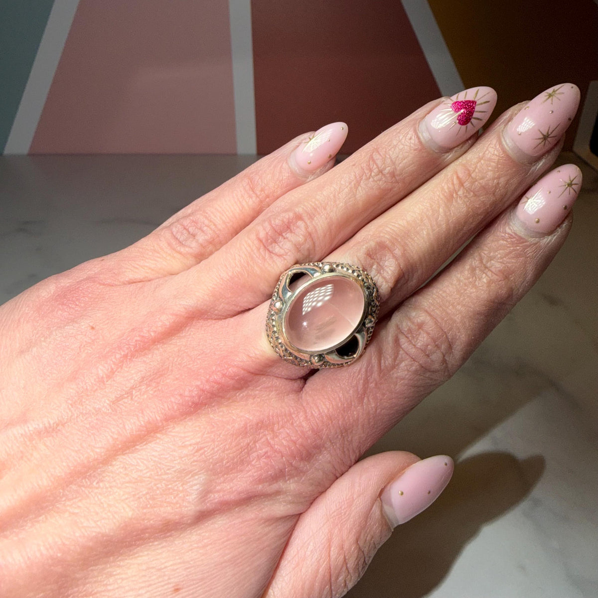 Large Rose Quartz Ring, Ornate 925 Sterling Silver, Statement Crystal Jewelry Size 7