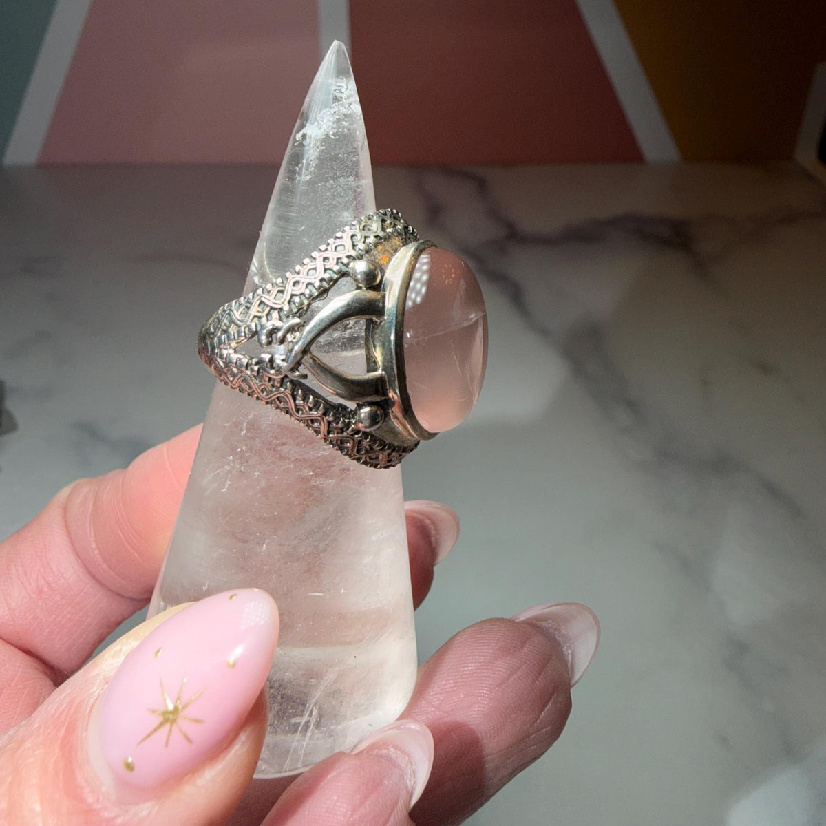 Large Rose Quartz Ring, Ornate 925 Sterling Silver, Statement Crystal Jewelry Size 7