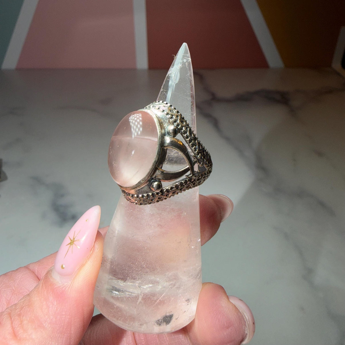 Large Rose Quartz Ring, Ornate 925 Sterling Silver, Statement Crystal Jewelry Size 7