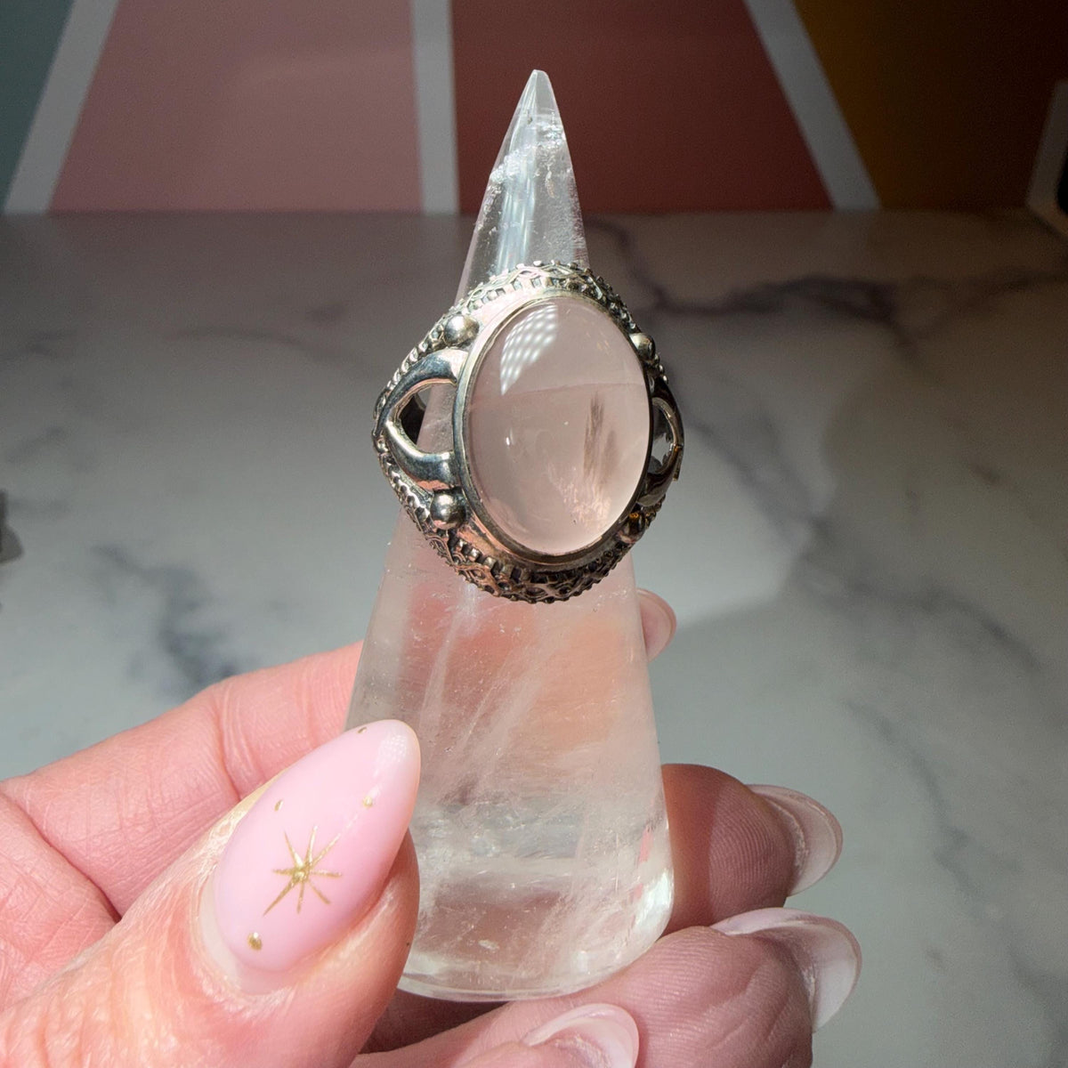 Large Rose Quartz Ring, Ornate 925 Sterling Silver, Statement Crystal Jewelry Size 7