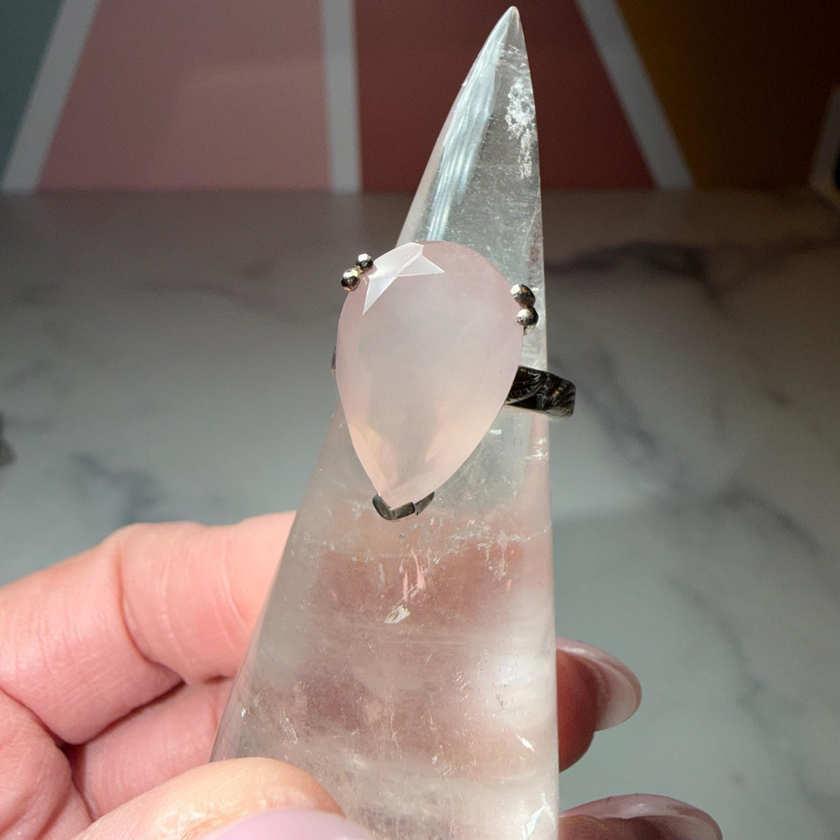 Faceted Rose Quartz Tear Drop Ring, Sterling Silver Ornate Band, Size 7.25