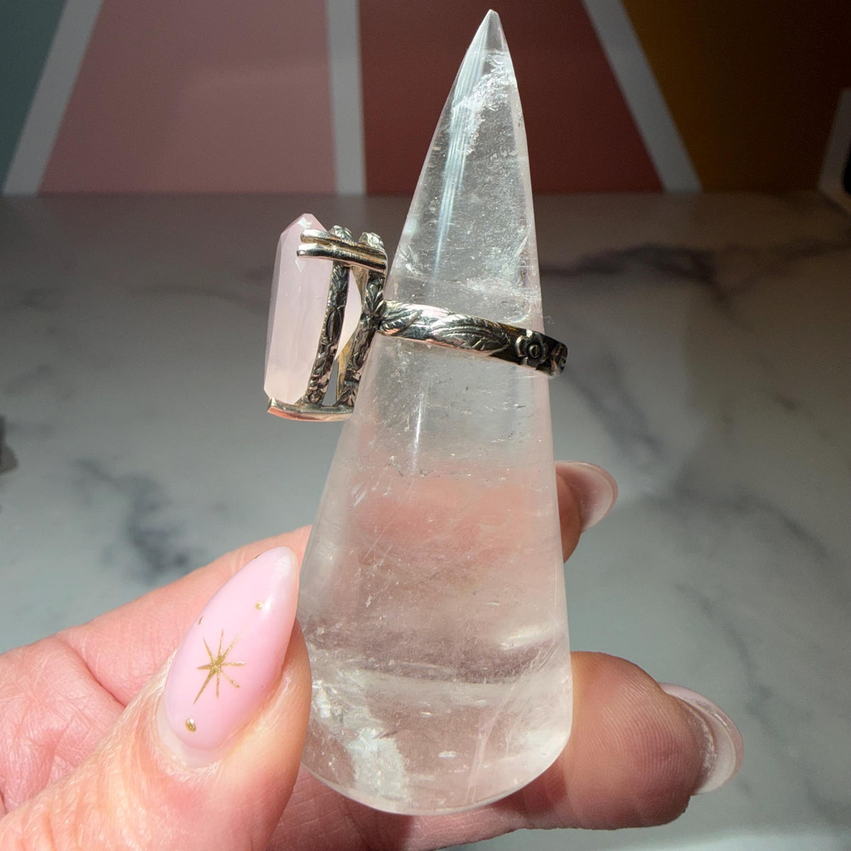 Faceted Rose Quartz Tear Drop Ring, Sterling Silver Ornate Band, Size 7.25