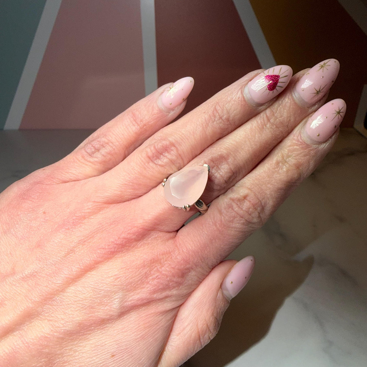Faceted Rose Quartz Tear Drop Ring, Sterling Silver Ornate Band, Size 7.25