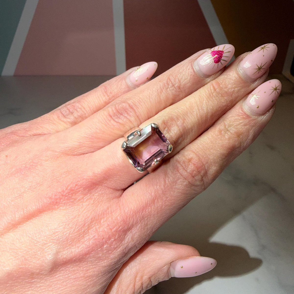 Large Faceted Ametrine Ring, Sterling Silver Statement Ring, Bi-Color Gemstone Jewelry