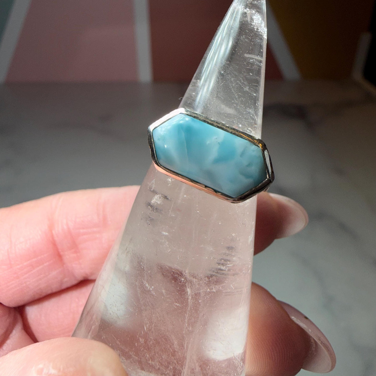 Larimar Ring, Sterling Silver Hammered Band, Ocean Stone Minimalist Jewelry, Size 6
