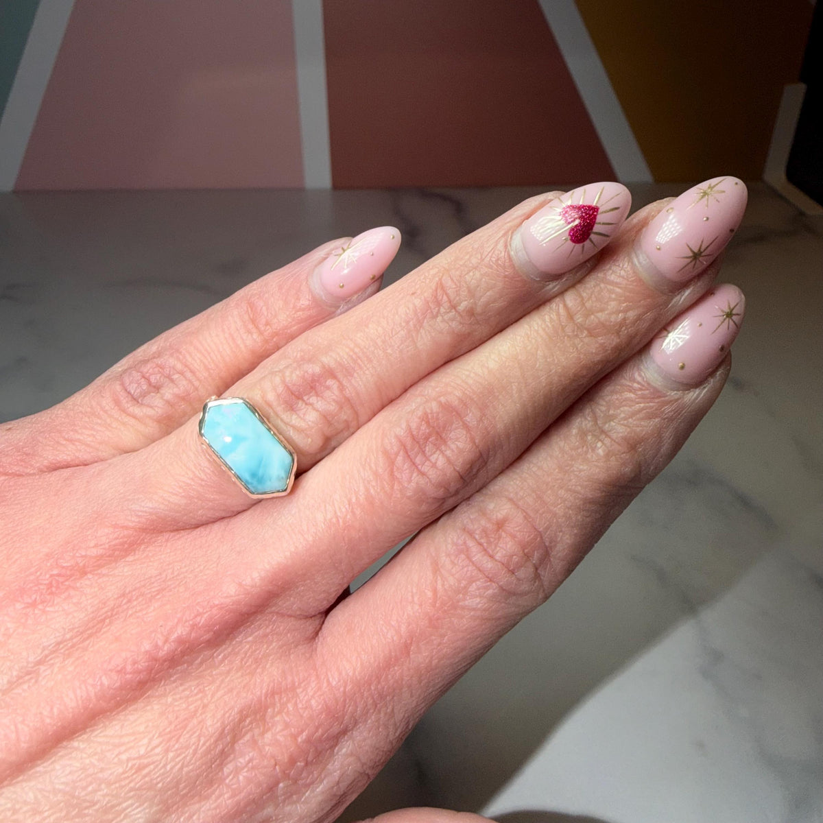 Larimar Ring, Sterling Silver Hammered Band, Ocean Stone Minimalist Jewelry, Size 6