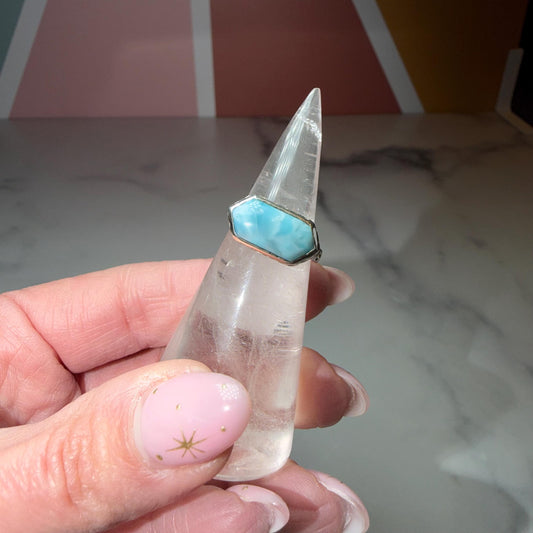 Larimar Ring, Sterling Silver Hammered Band, Ocean Stone Minimalist Jewelry, Size 6