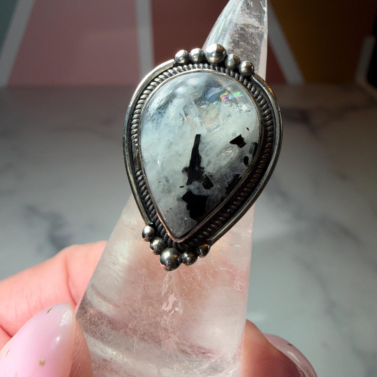 Large Rainbow Moonstone Tear Drop Ring, Sterling Silver Statement Ring, Size 6