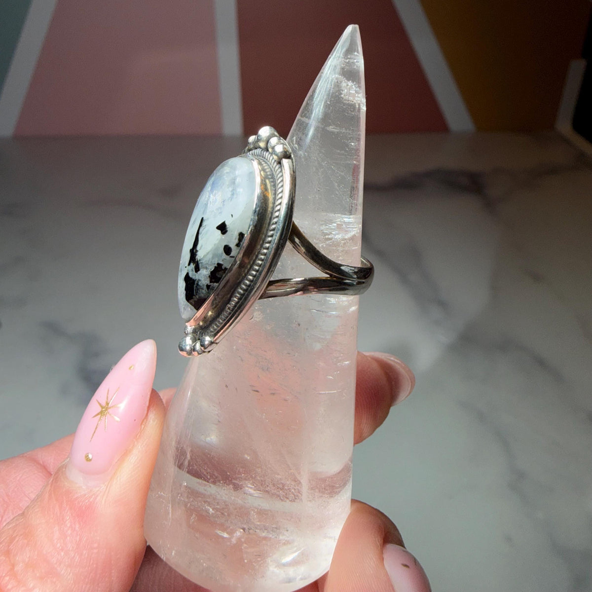 Large Rainbow Moonstone Tear Drop Ring, Sterling Silver Statement Ring, Size 6