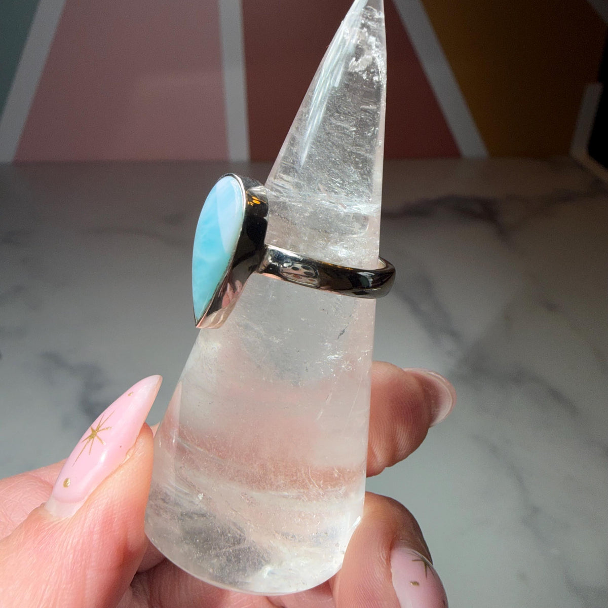 Larimar Tear Drop Ring, Sterling Silver Ocean Stone Statement Jewelry (size 7)