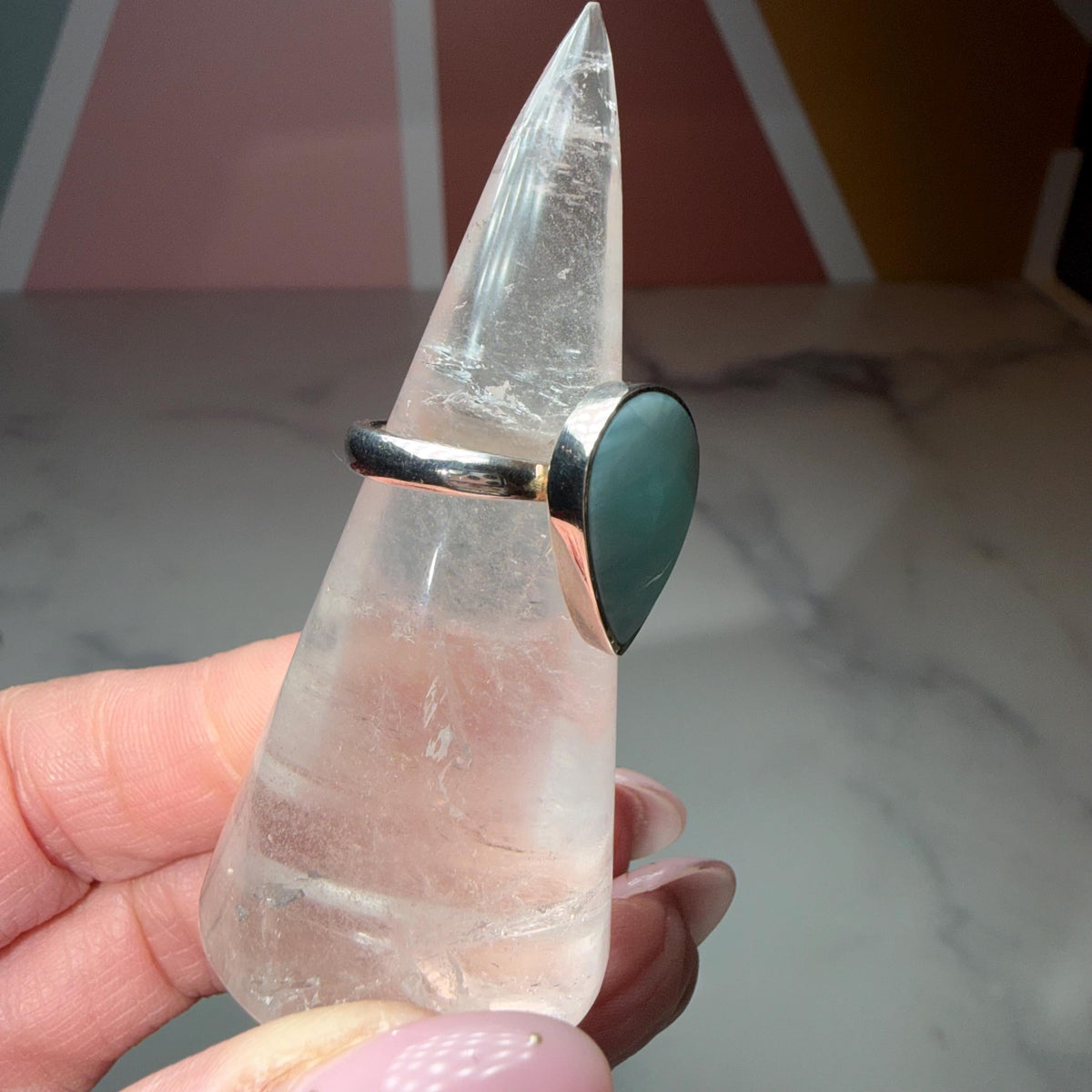 Larimar Tear Drop Ring, Sterling Silver Ocean Stone Statement Jewelry (size 7)