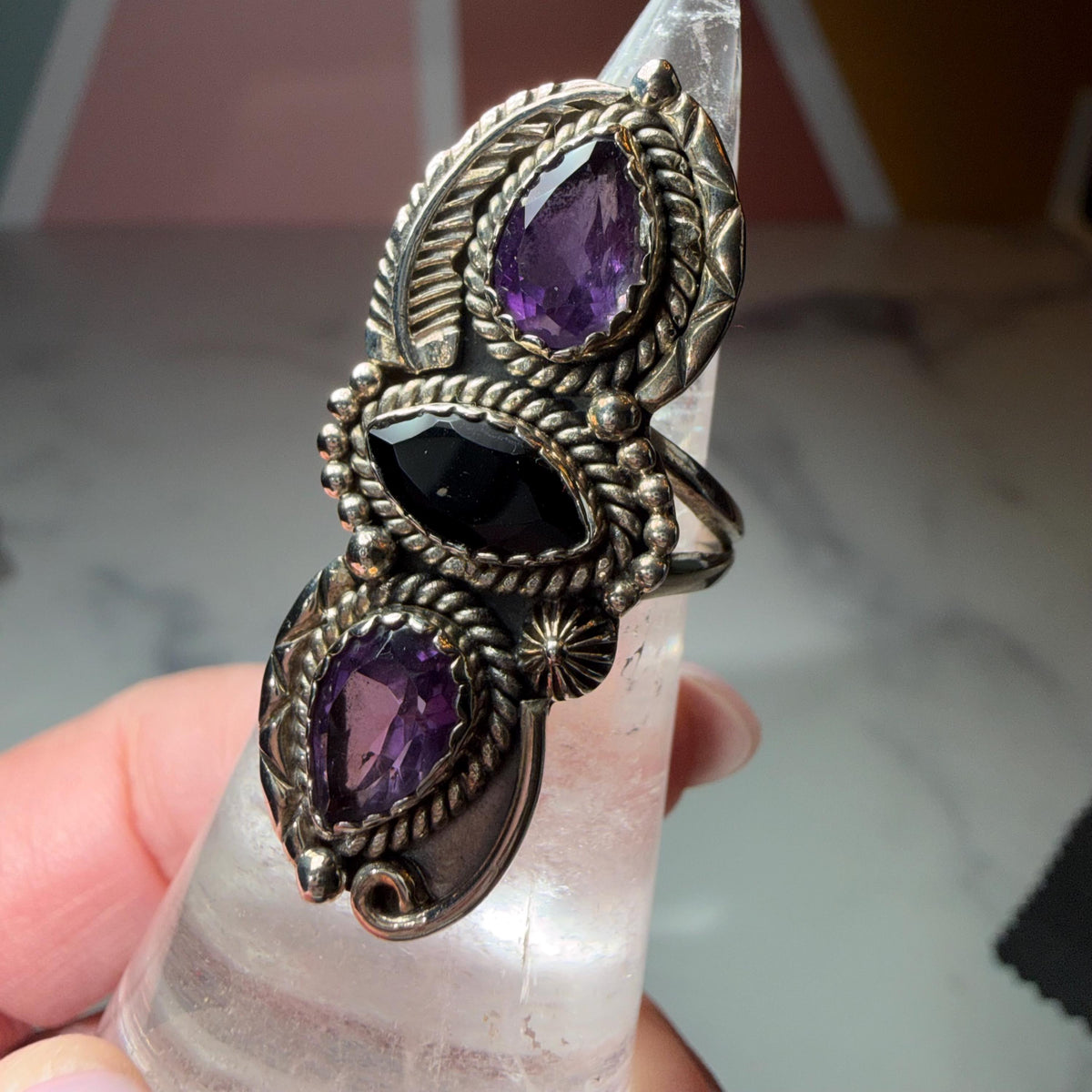 Amethyst Black Onyx Floral Ring, Sterling Silver Faceted Gemstone Jewelry (Size 6)