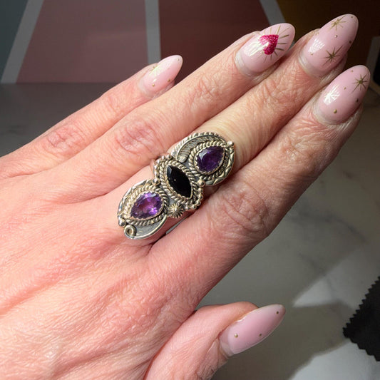 Amethyst Black Onyx Floral Ring, Sterling Silver Faceted Gemstone Jewelry (Size 6)