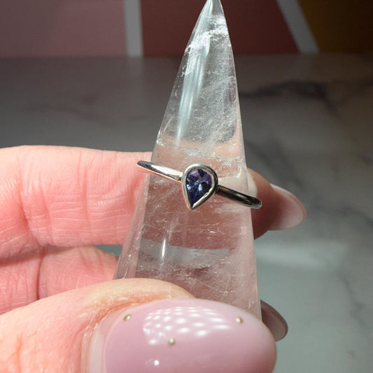 Tanzanite Tear Drop Ring, Solid 925 Sterling Silver, Dainty Minimalist Jewelry (size 6)
