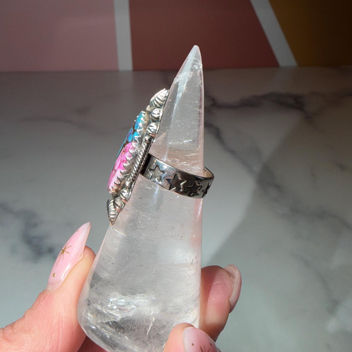 Pink Dahlia Sterling Silver Ring, Celestial Star Band, Size 6 Southwestern Statement