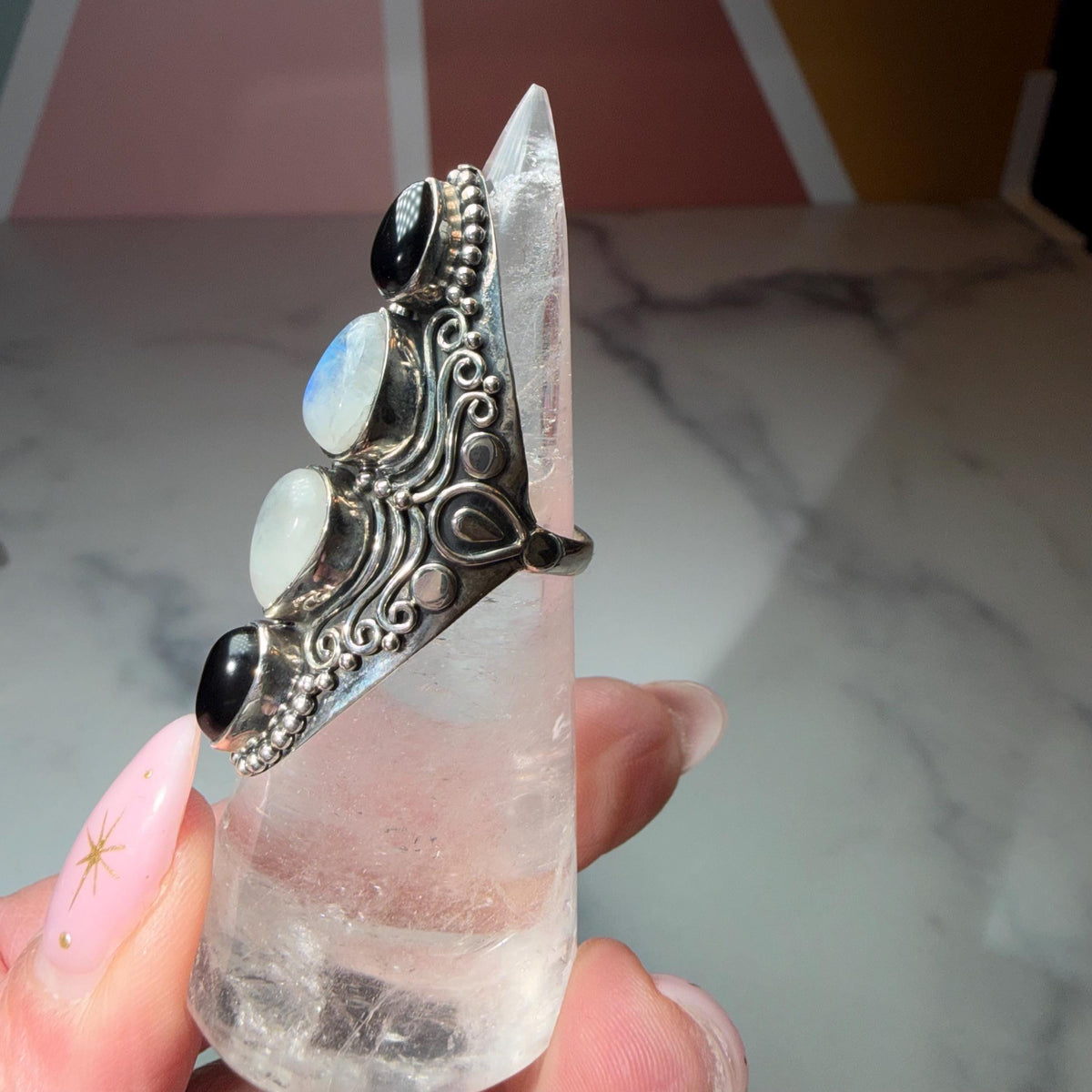 Black Onyx Moonstone Sterling Silver Ornate Statement Ring Size 7