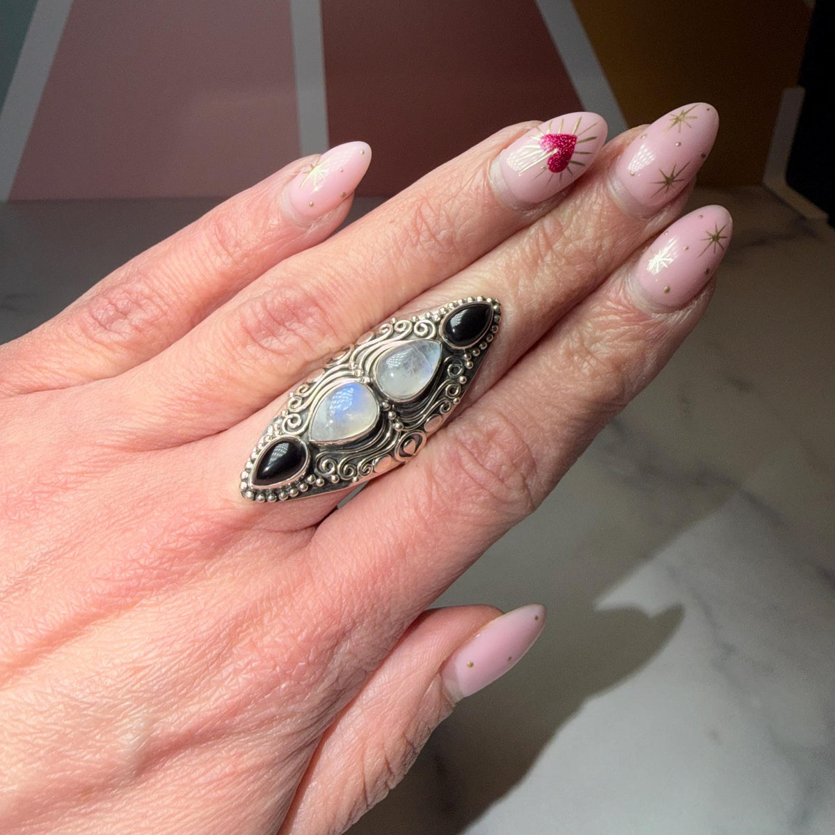 Black Onyx Moonstone Sterling Silver Ornate Statement Ring Size 7