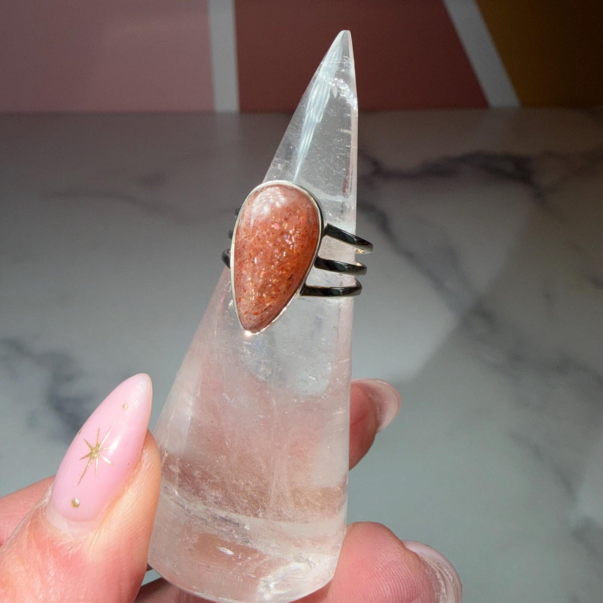 Sunstone Triple Band Ring, Peach Gemstone, Sterling Silver Statement Jewelry (size 6)