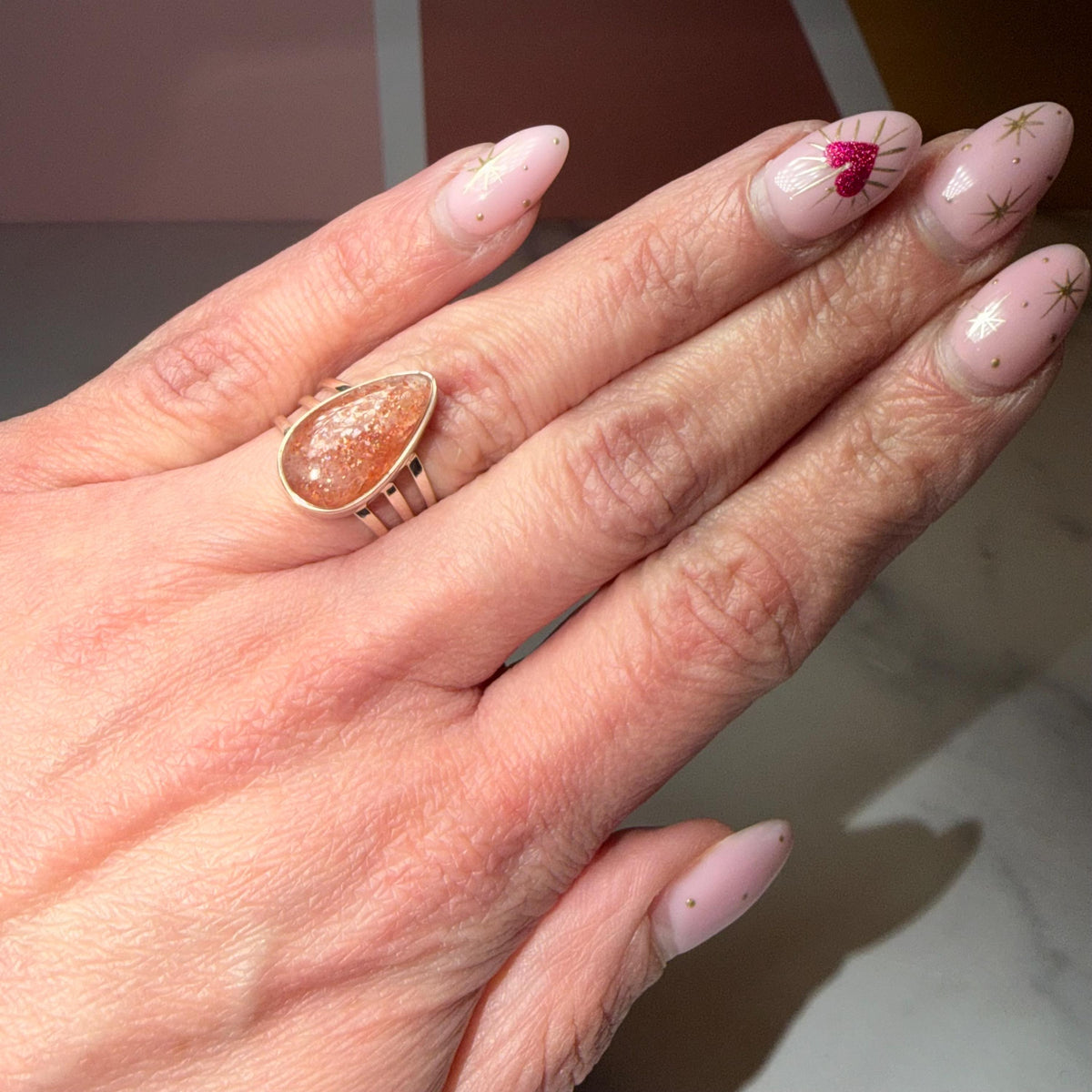 Sunstone Triple Band Ring, Peach Gemstone, Sterling Silver Statement Jewelry (size 6)