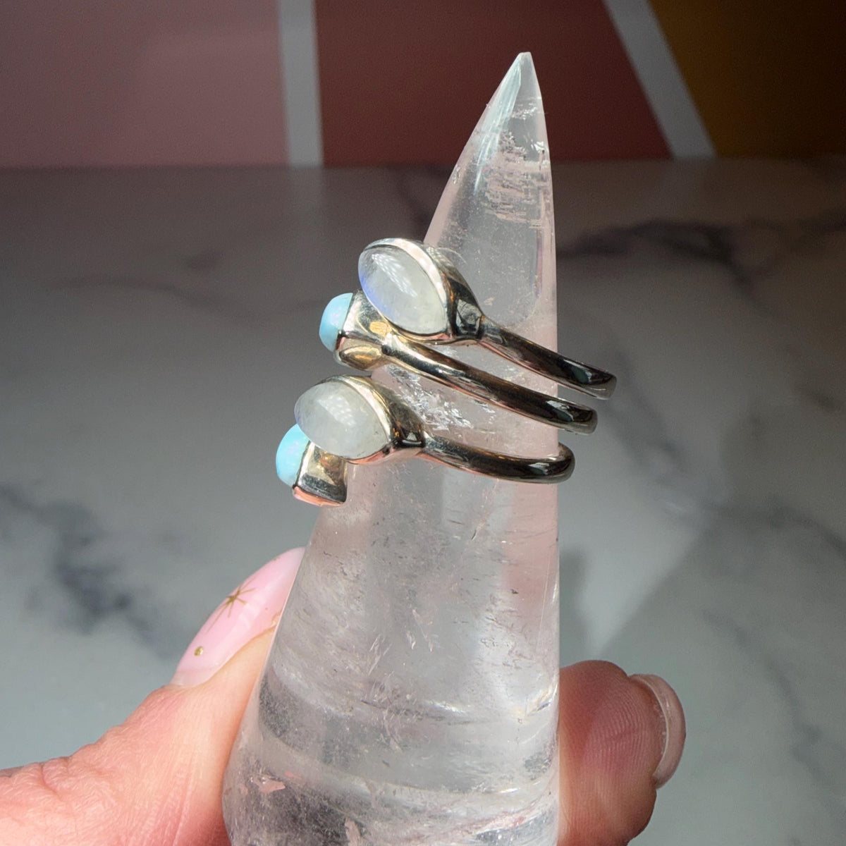 Larimar Moonstone Sterling Silver Statement Ring Size 7, Ocean Celestial Jewelry