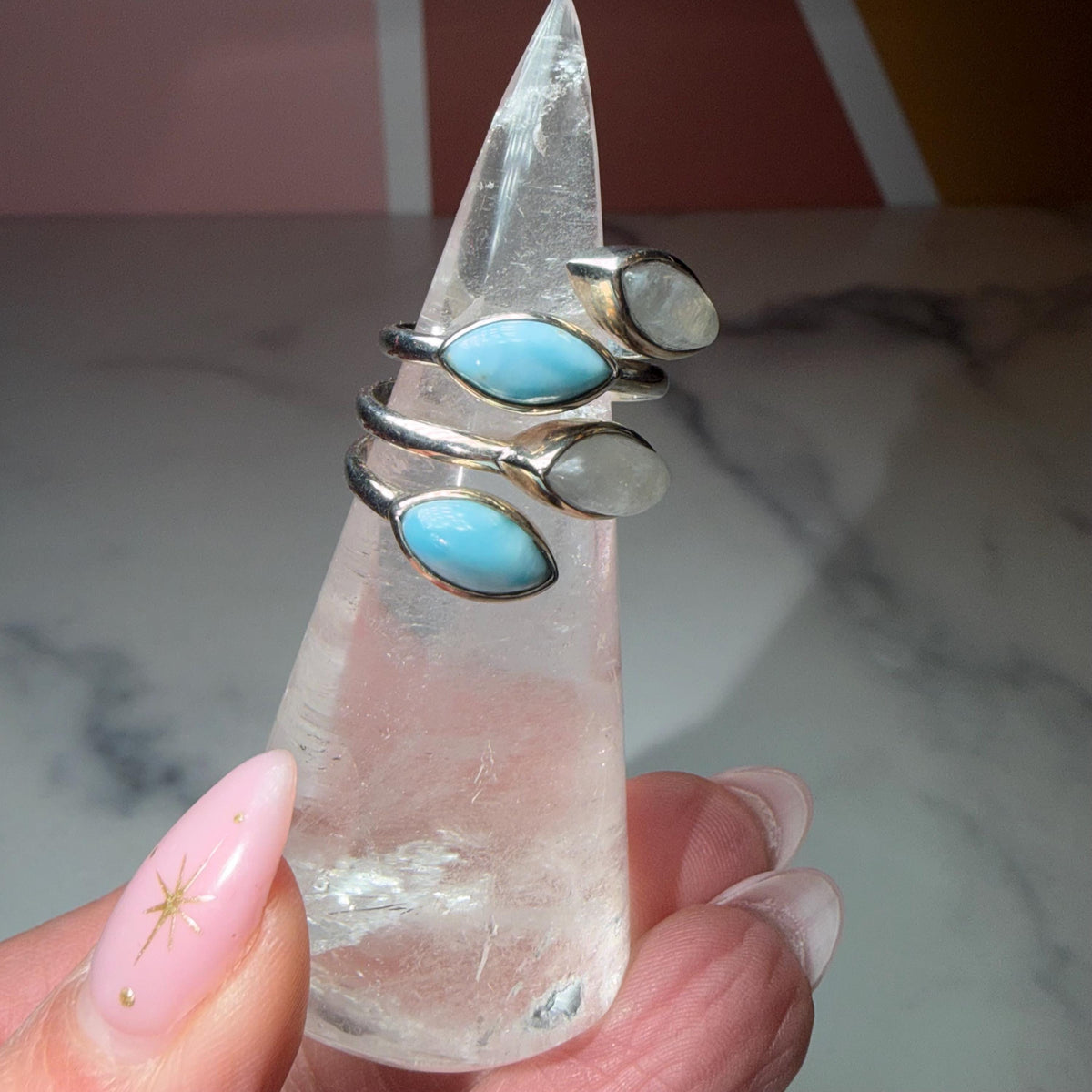 Larimar Moonstone Sterling Silver Statement Ring Size 7, Ocean Celestial Jewelry