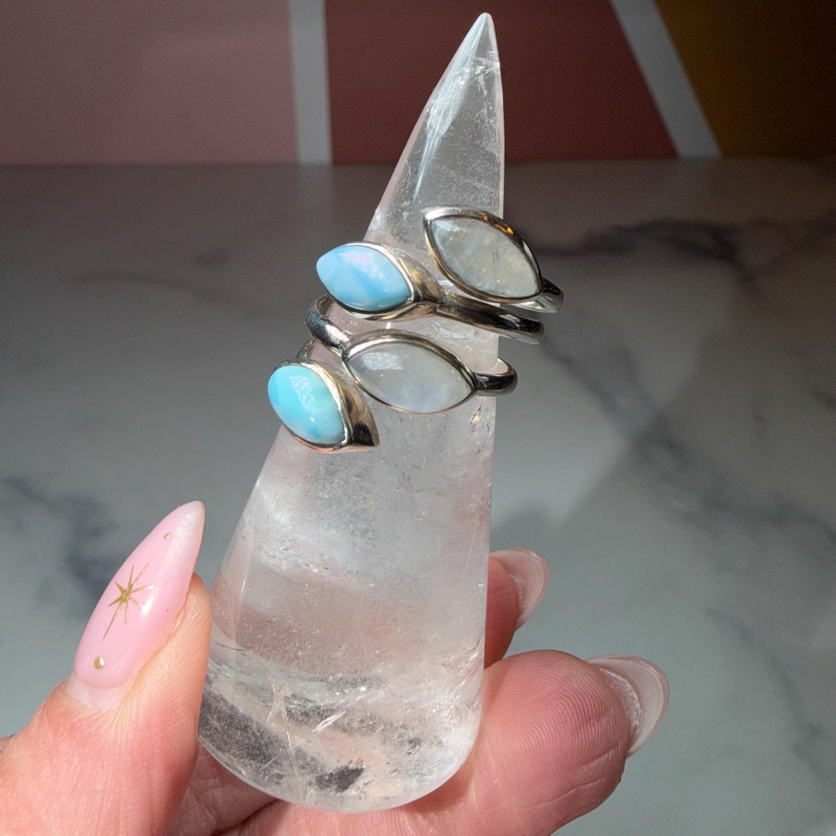 Larimar Moonstone Sterling Silver Statement Ring Size 7, Ocean Celestial Jewelry
