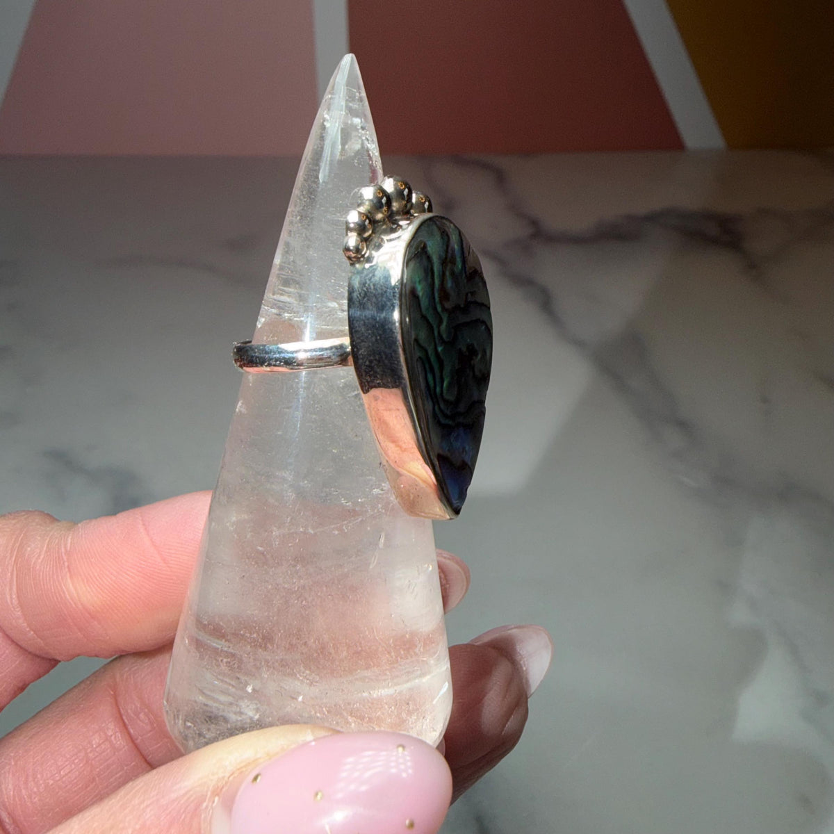 Abalone Shell Tear Drop Ring, Sterling Silver Statement Jewelry, Size 6