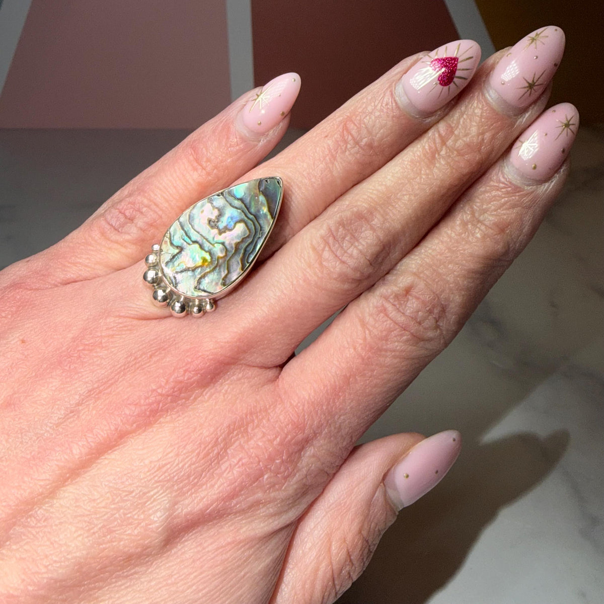 Abalone Shell Tear Drop Ring, Sterling Silver Statement Jewelry, Size 6