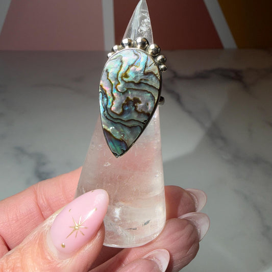 Abalone Shell Tear Drop Ring, Sterling Silver Statement Jewelry, Size 6