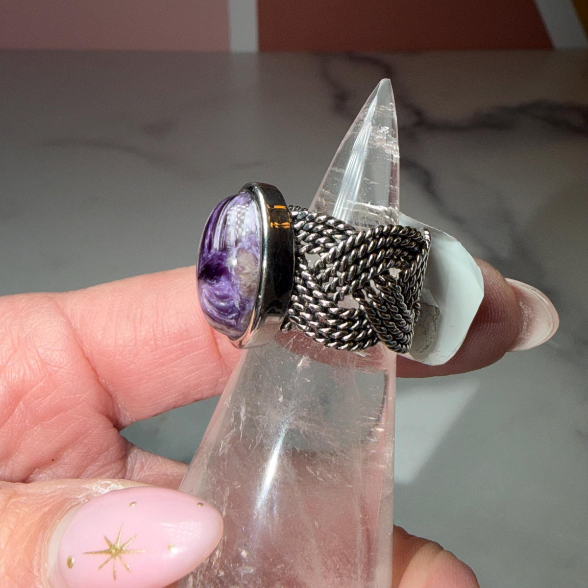 Chariote Sterling Silver Ring, Braided Band, Genuine Charoite Gemstone Size 6