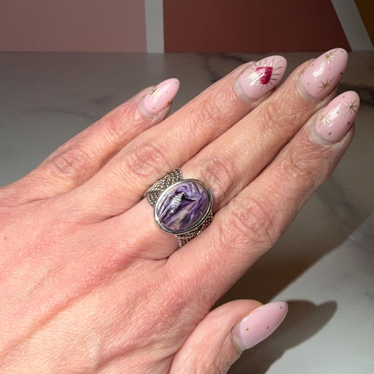 Chariote Sterling Silver Ring, Braided Band, Genuine Charoite Gemstone Size 6
