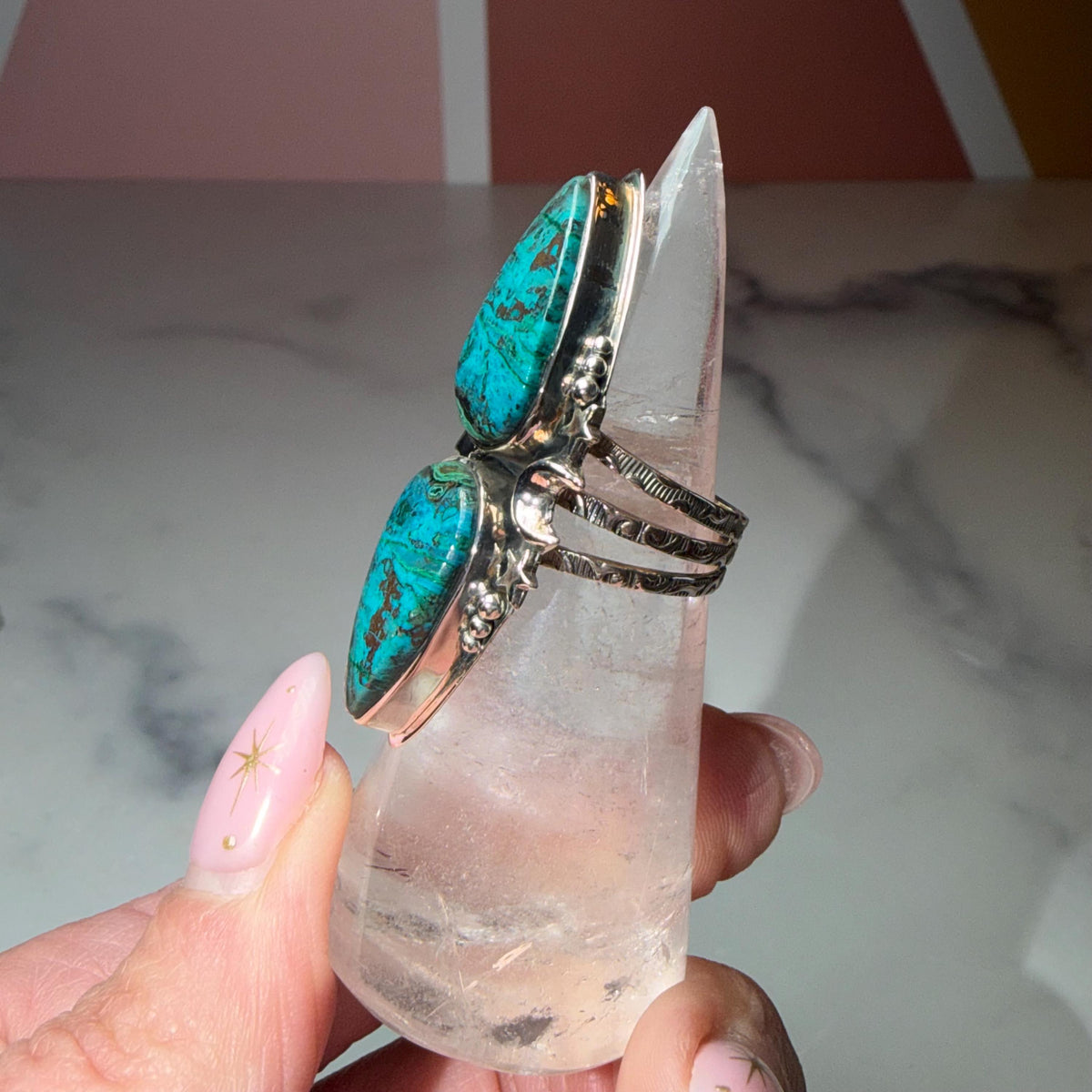 XL Chrysocolla Double Stone Ring, 925 Sterling Silver Celestial Triple Band Ring (Size 7)