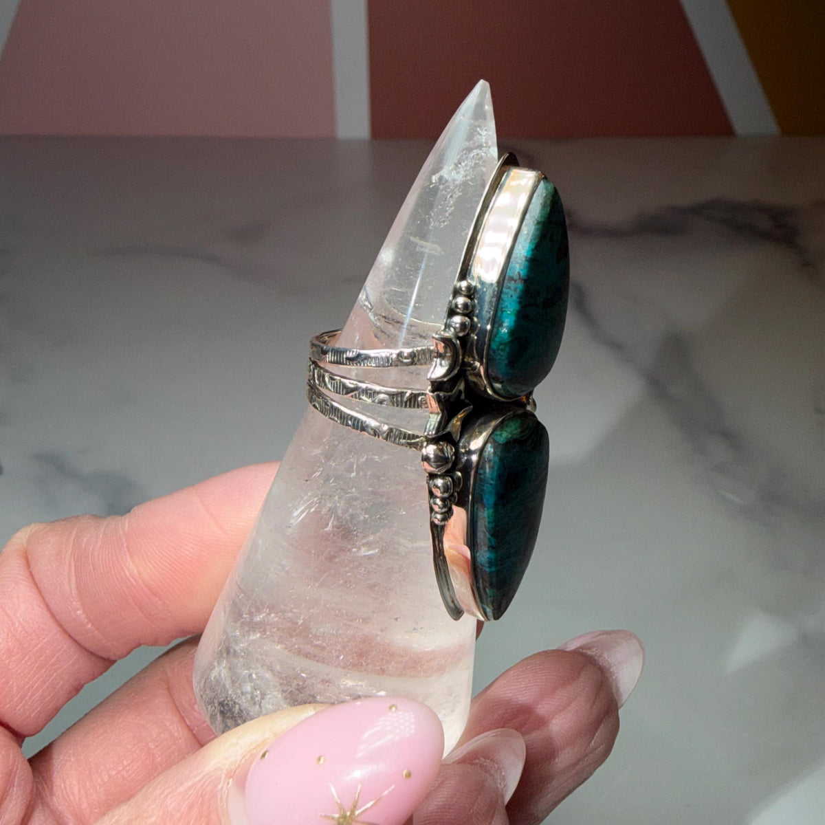 XL Chrysocolla Double Stone Ring, 925 Sterling Silver Celestial Triple Band Ring (Size 7)
