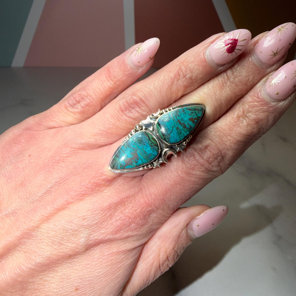 XL Chrysocolla Double Stone Ring, 925 Sterling Silver Celestial Triple Band Ring (Size 7)