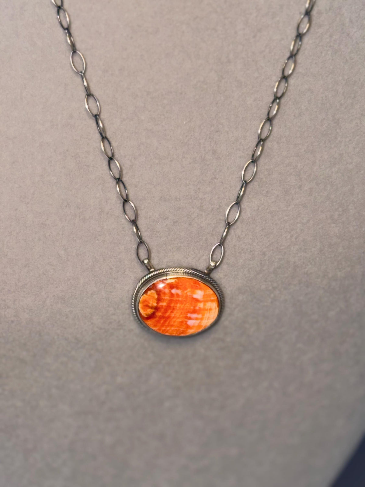 Orange Spiny Oyster Bar Necklace, Sterling Silver, Native Made AM, Southwest Style (19" Chain)