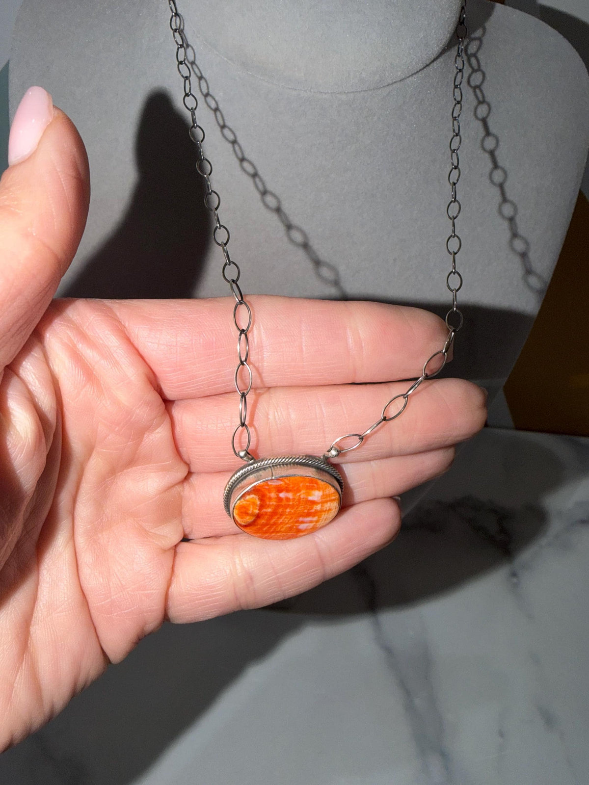 Orange Spiny Oyster Bar Necklace, Sterling Silver, Native Made AM, Southwest Style (19" Chain)