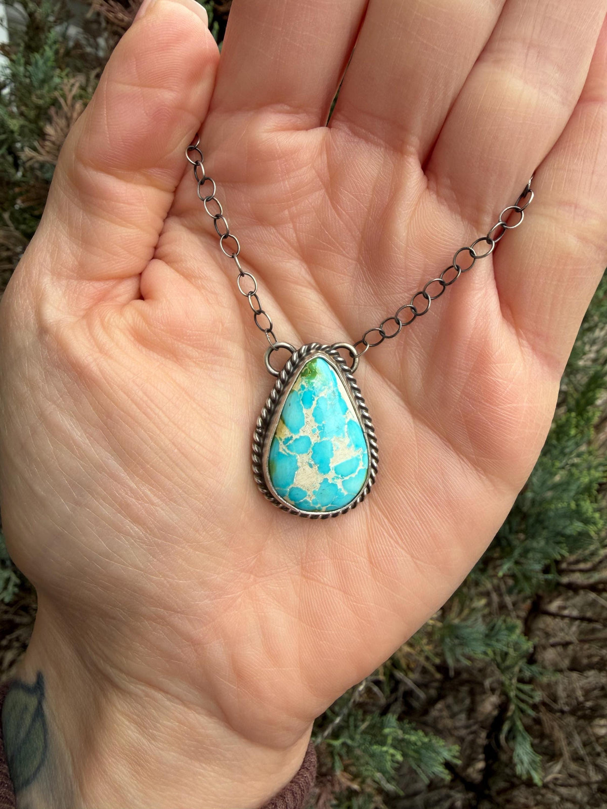 Sonoran Gold Turquoise Teardrop Bar Necklace, Sterling Silver, Southwest Artisan Stamped, 19.5 Inch Chain